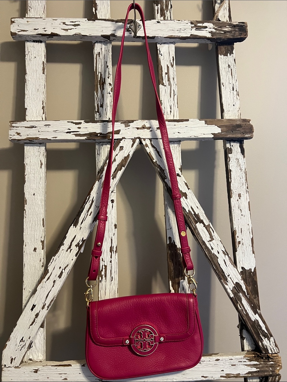 Tory Burch Raspberry Pebbled Leather Crossbody with Gold Logo